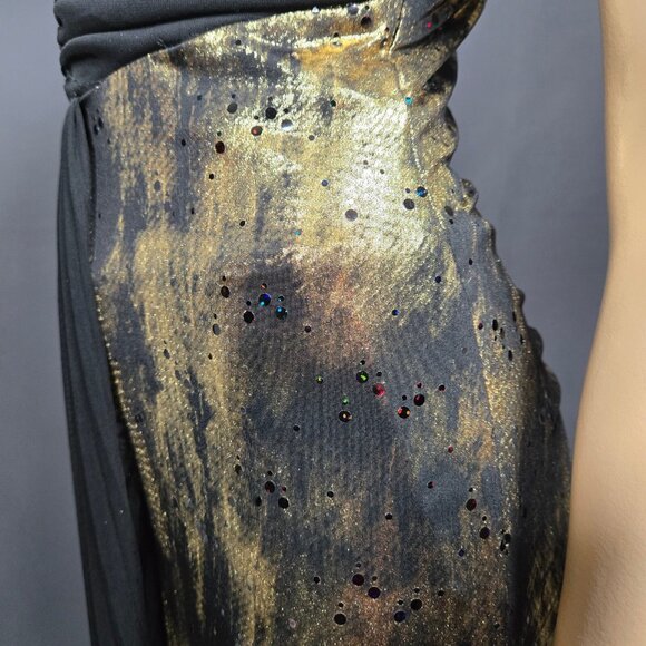 Y2K Art Deco Maxi Dress Womens Size M Gold Glitter Black Slinky Party Cocktail - Picture 11 of 13